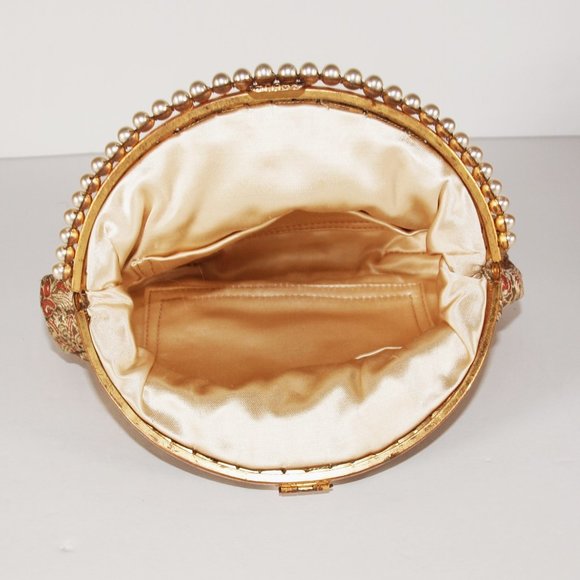 Vintage French Silk Brocade and Faux Pearl Accent Evening Bag - Picture 3 of 4